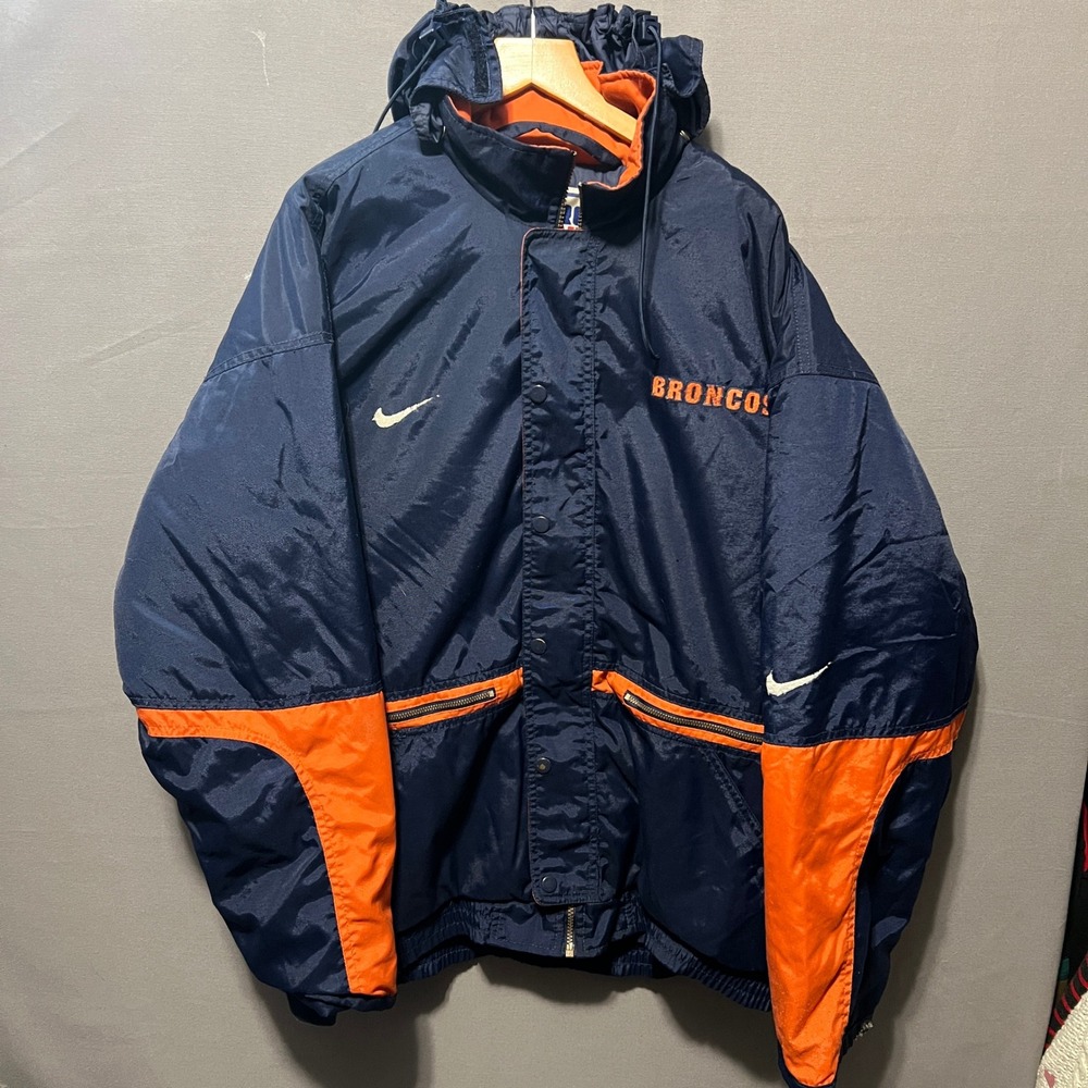Vintage Nike NFL Pro Line Denver Broncos Puffer Jacket Navy Orange Mens Large